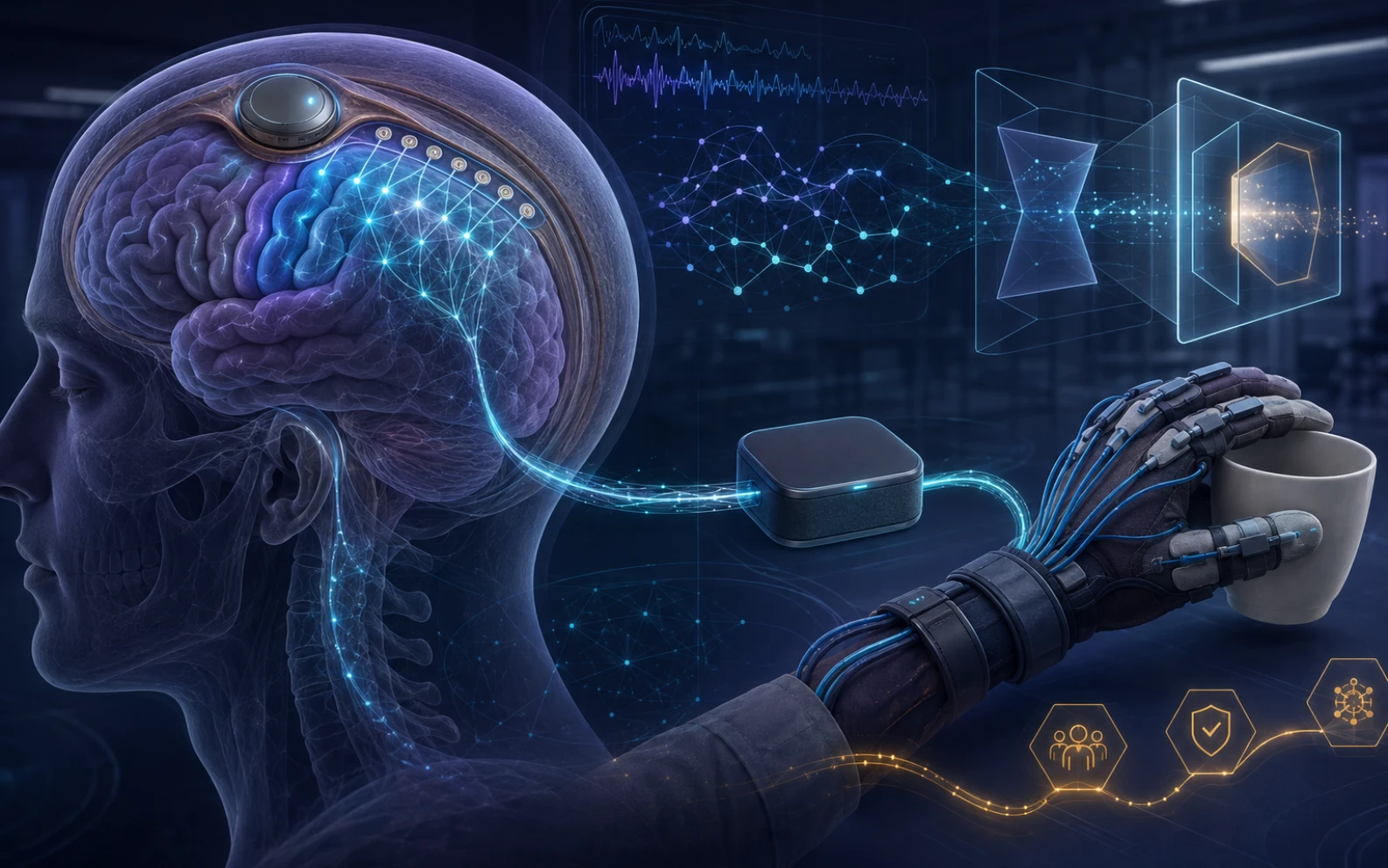 Conceptual illustration linking a neural interface to an assistive glove holding a cup.