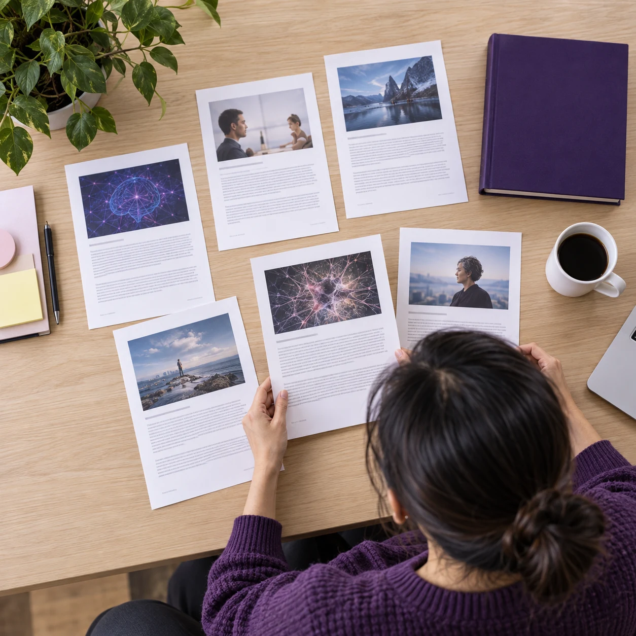 A researcher comparing project summaries spread across a desk.