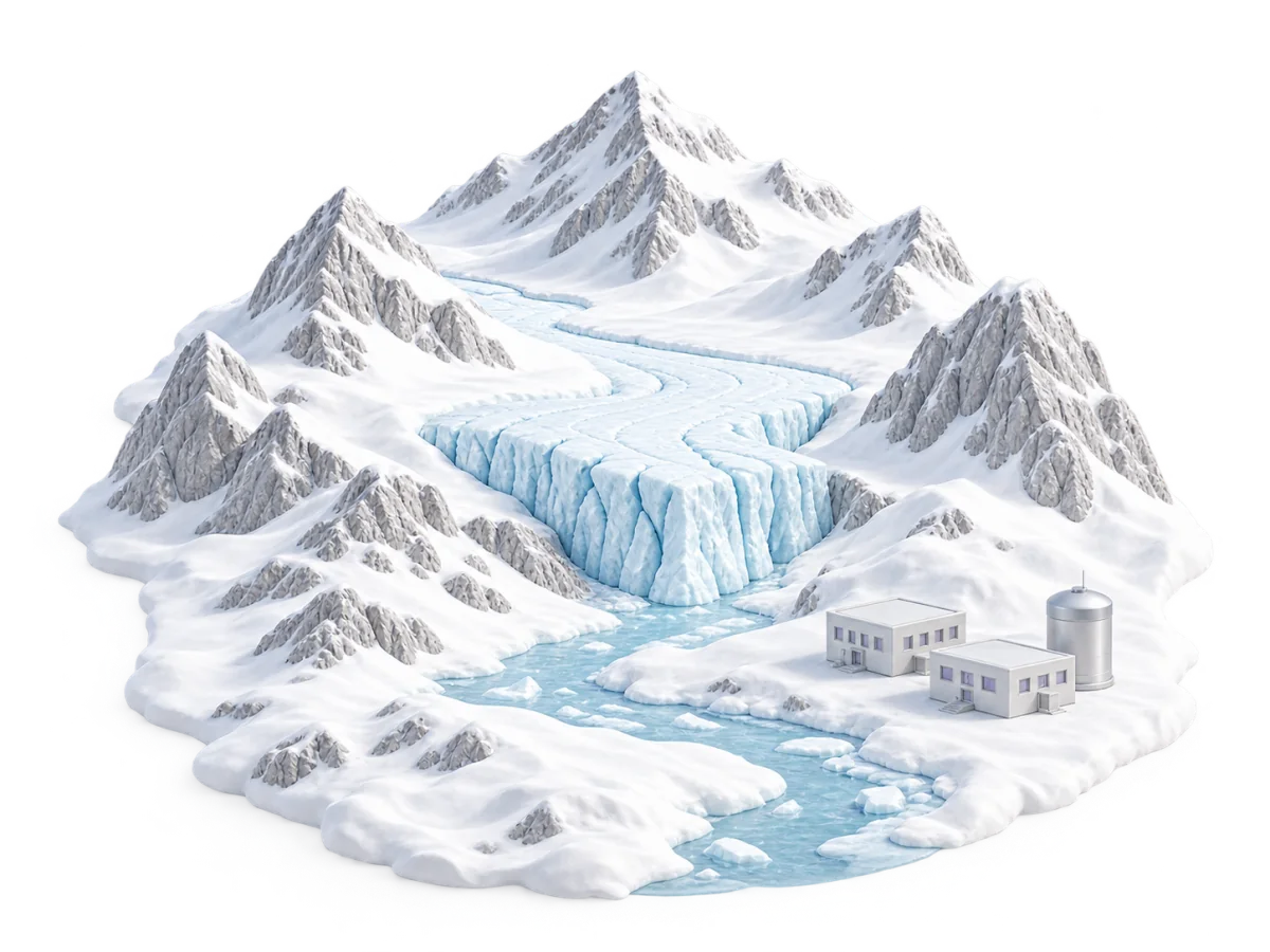 Mountain glacier and meltwater flowing towards downstream buildings