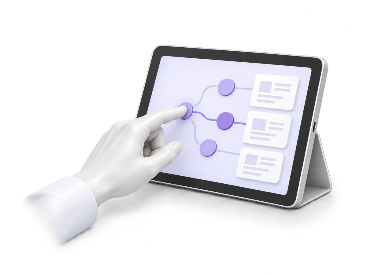 A hand reviewing branching decisions and records on a tablet