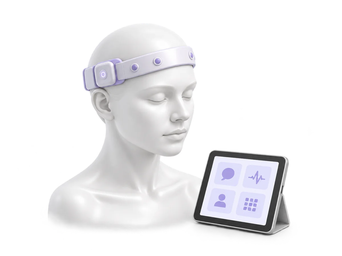 Conceptual illustration of a person with a BCI sensor headband and communication tablet