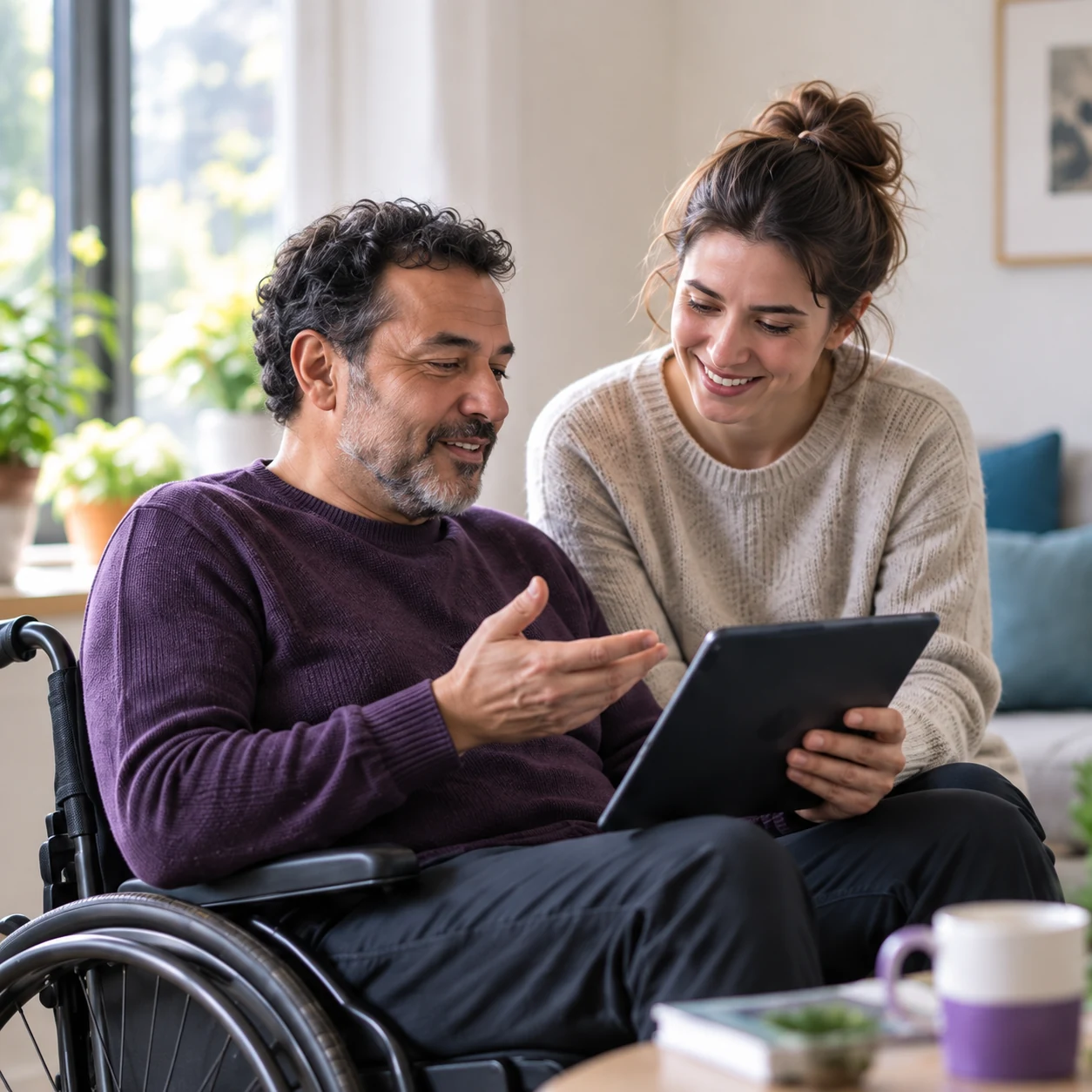A wheelchair user and a support person considering a tablet together at home.
