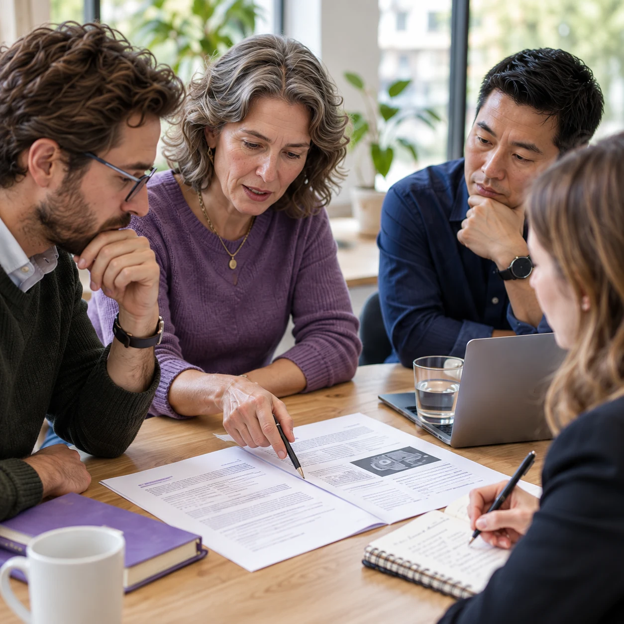 Four professionals examining a project proposal together at a meeting table.