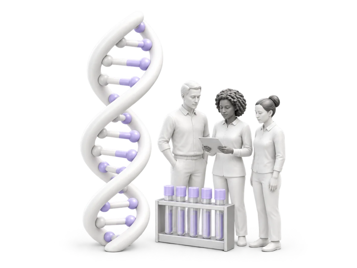DNA model, specimen tubes and people reviewing population genomics