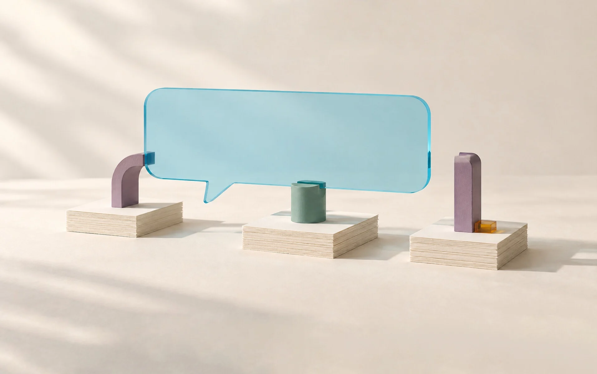 A translucent cyan speech bubble rests on separate supports above paper stacks; one support remains disconnected, with an orange spacer beside it.