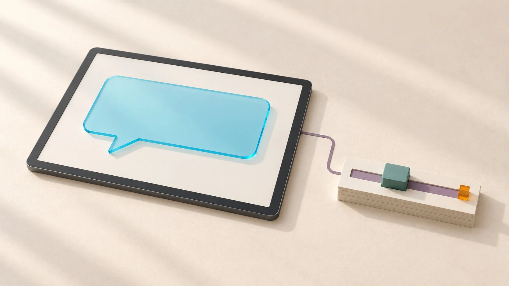 A cyan speech bubble fills a tablet screen; a purple line connects it to a separate paper control with a teal slider and an amber tab.