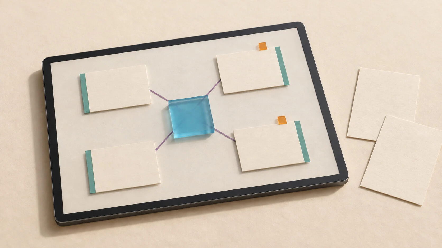 A tablet holds a cyan pane connected to four separate blank cards with teal edges and two orange tabs; two unmarked paper sheets remain beside the screen.