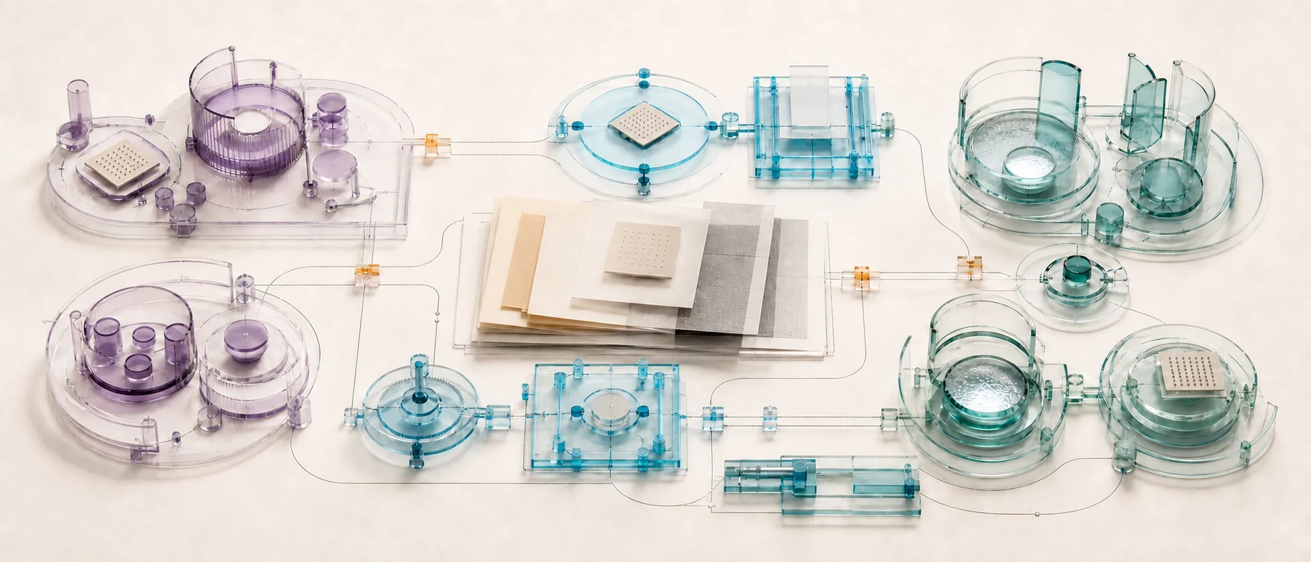 A crowded field of transparent governance mechanisms surrounds a layered evidence dossier, with small orange joints marking seams between distinct purple, cyan, and teal structures.