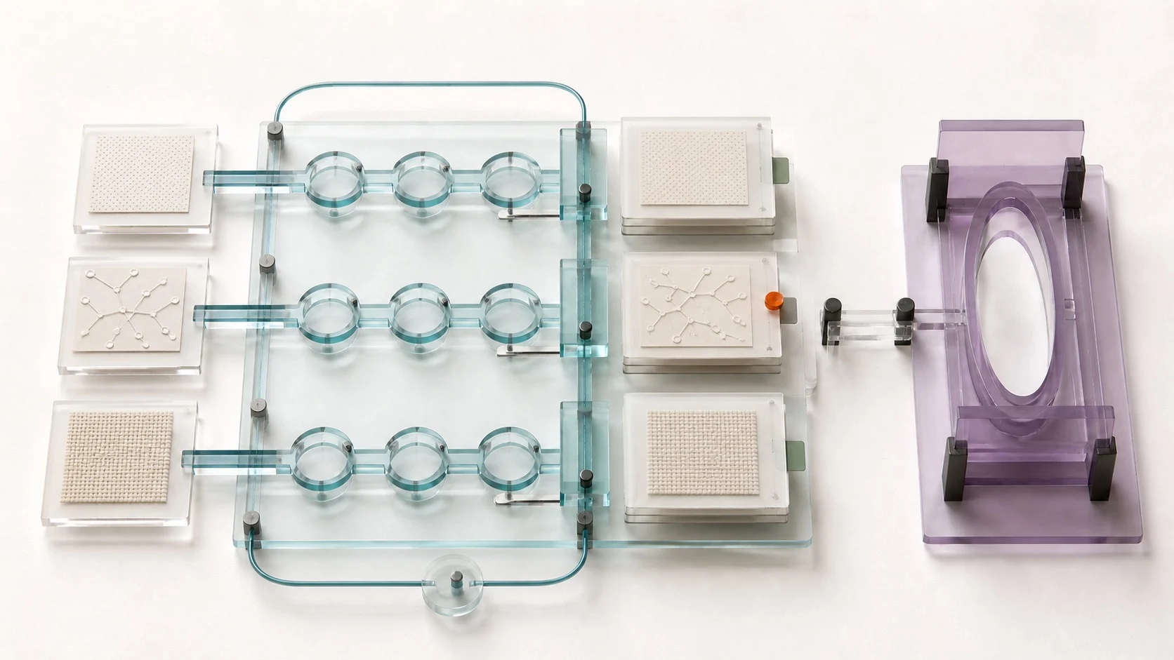 Three different evidence tiles pass through the same cyan inspection process, producing traceable records that stop before a separate purple decision aperture.