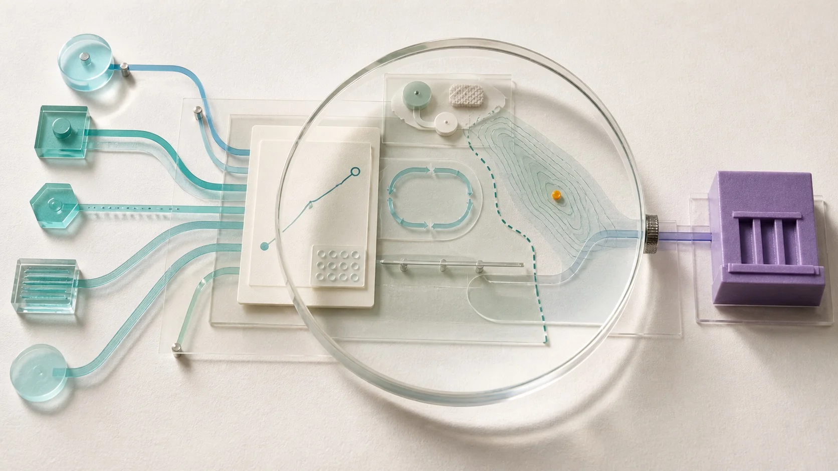 Cyan and teal inputs reposition a large transparent lens, revealing preparation, recalibration, support, repeat-use, and exit layers before evidence reaches a separate purple decision block.