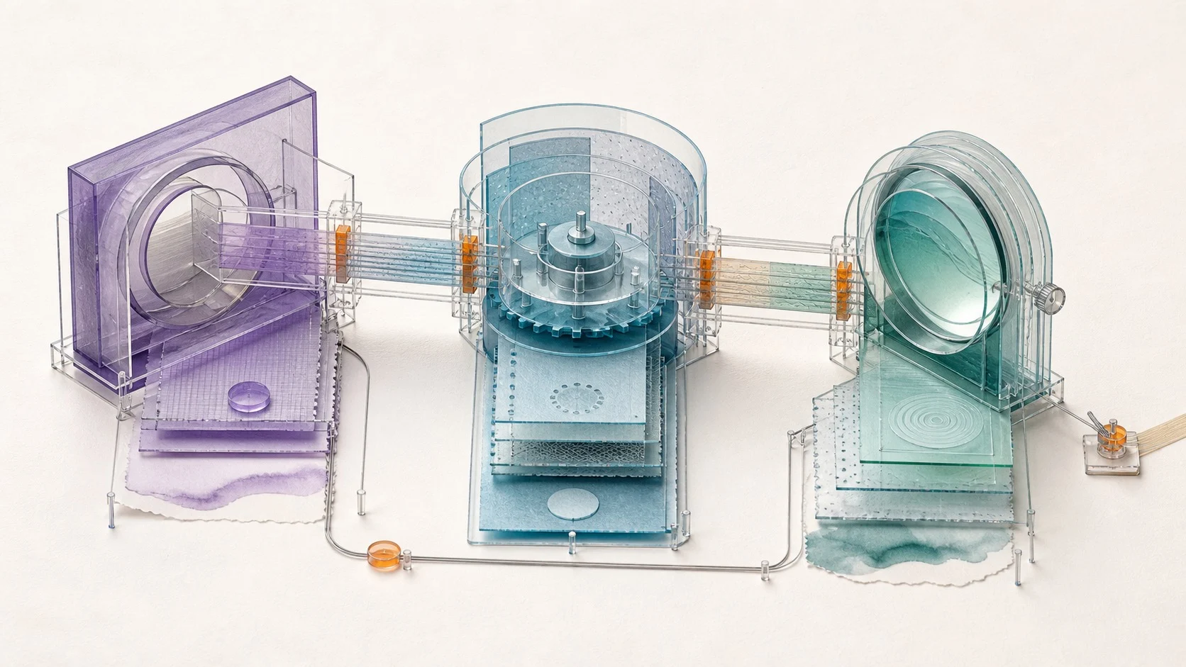 Distinct purple, cyan, and teal mechanisms retain their shapes while layered records cross transparent keyed interfaces, with orange joints marking live handoffs and change triggers.