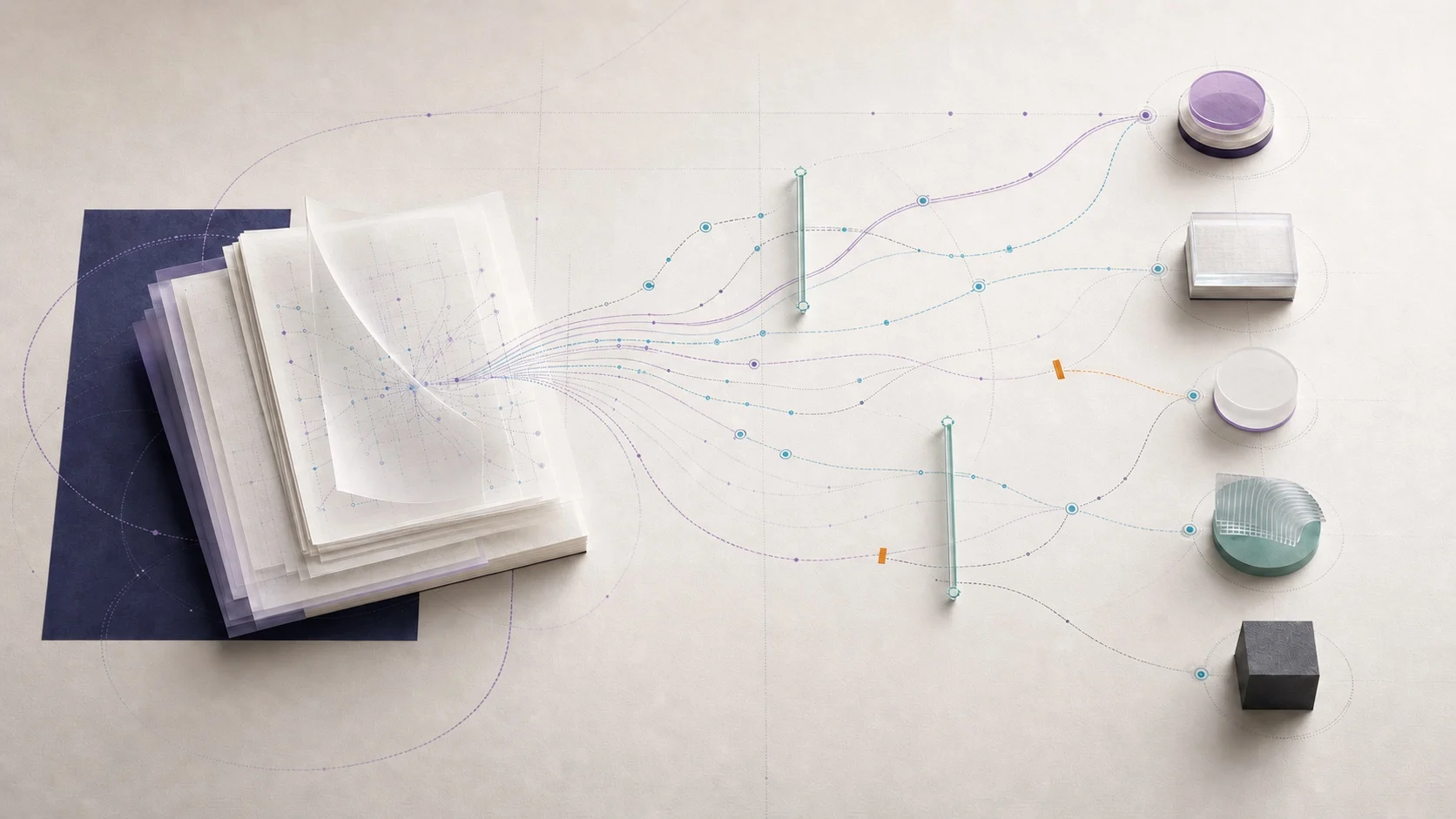 An incomplete evidence record branching into several possible next pathways, with uncertainty and safeguards remaining visible.