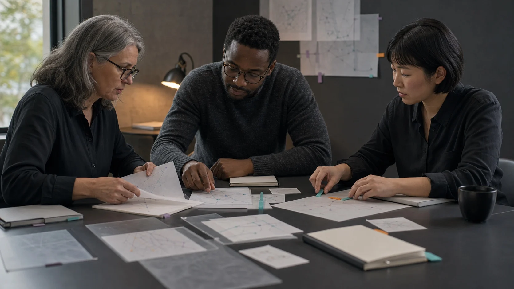 Three fictional decision-makers examining the same incomplete evidence record around a table.