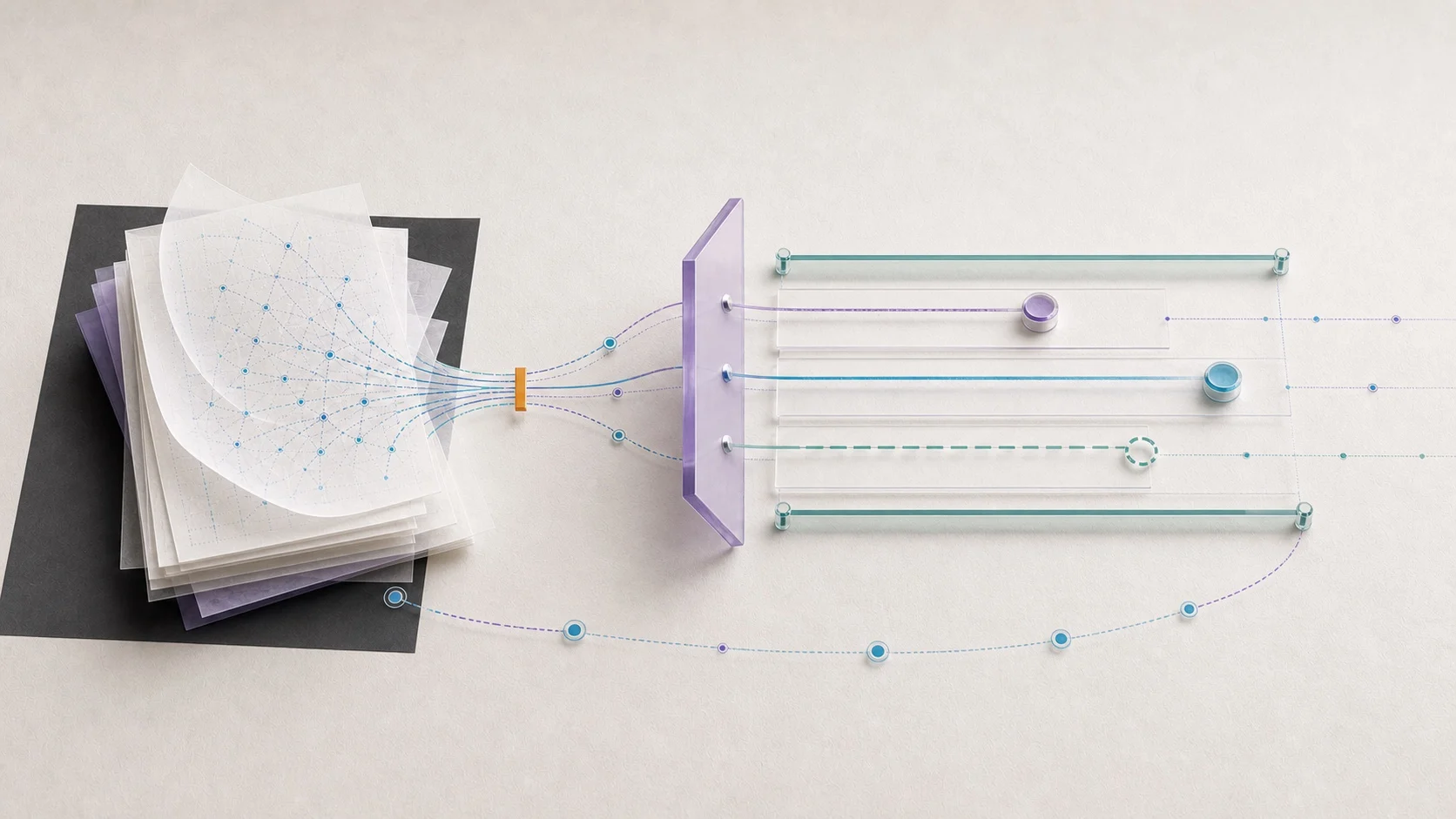 Incomplete evidence passing through a visible threshold into bounded next actions, with safeguards and a review loop.
