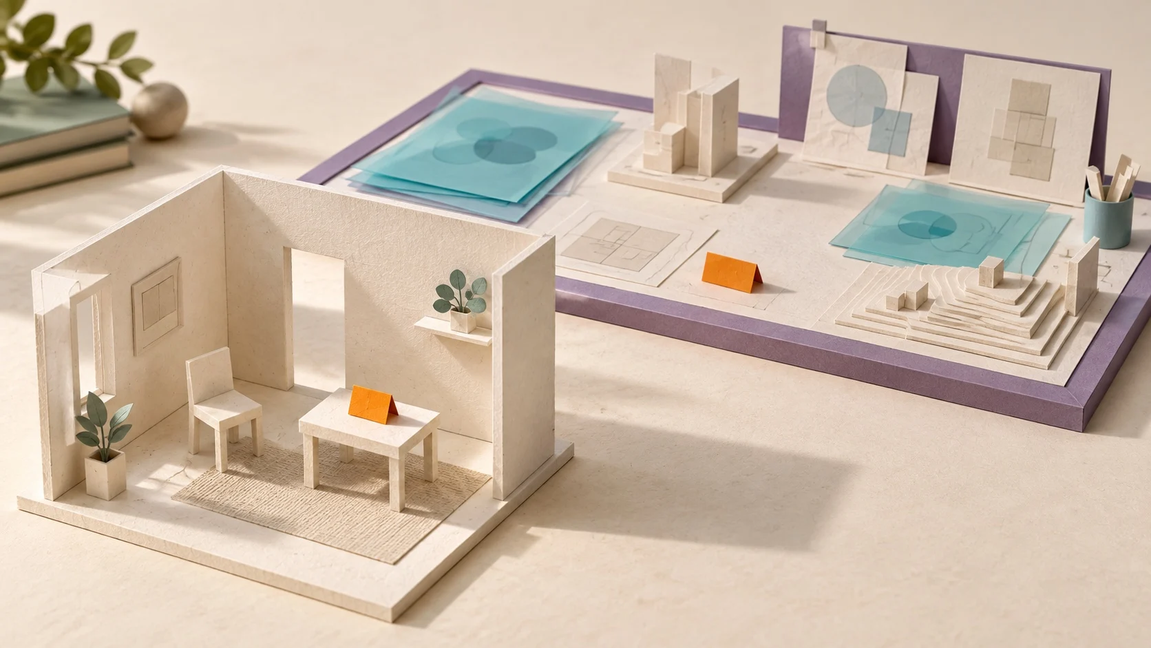 An orange question card sits in a paper-model home; a matching card appears among cyan evidence sheets and design studies on a separate purple-framed planning surface.