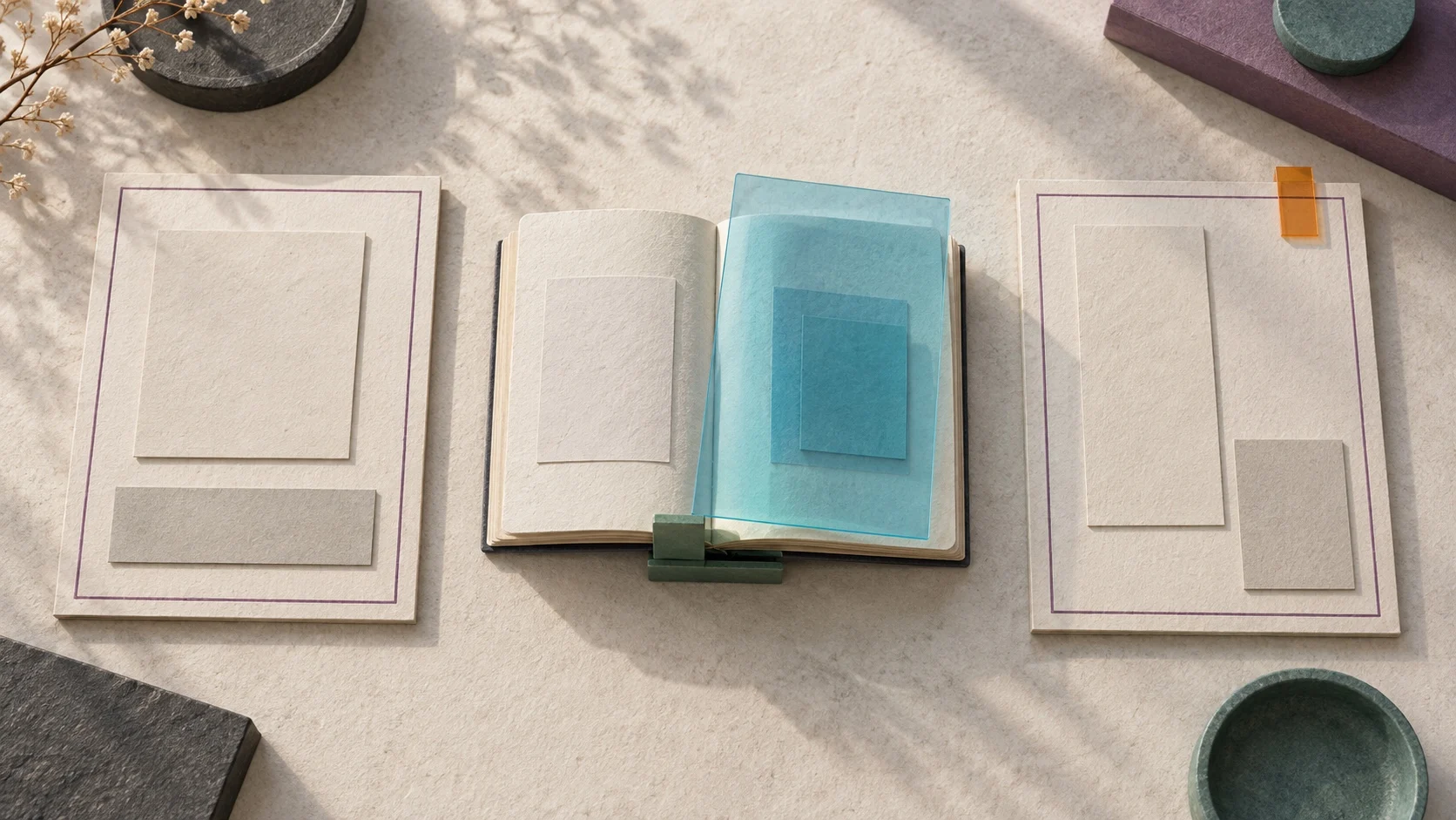 An open source folio with a cyan evidence sheet sits between two separate working folios containing different arrangements of notes.