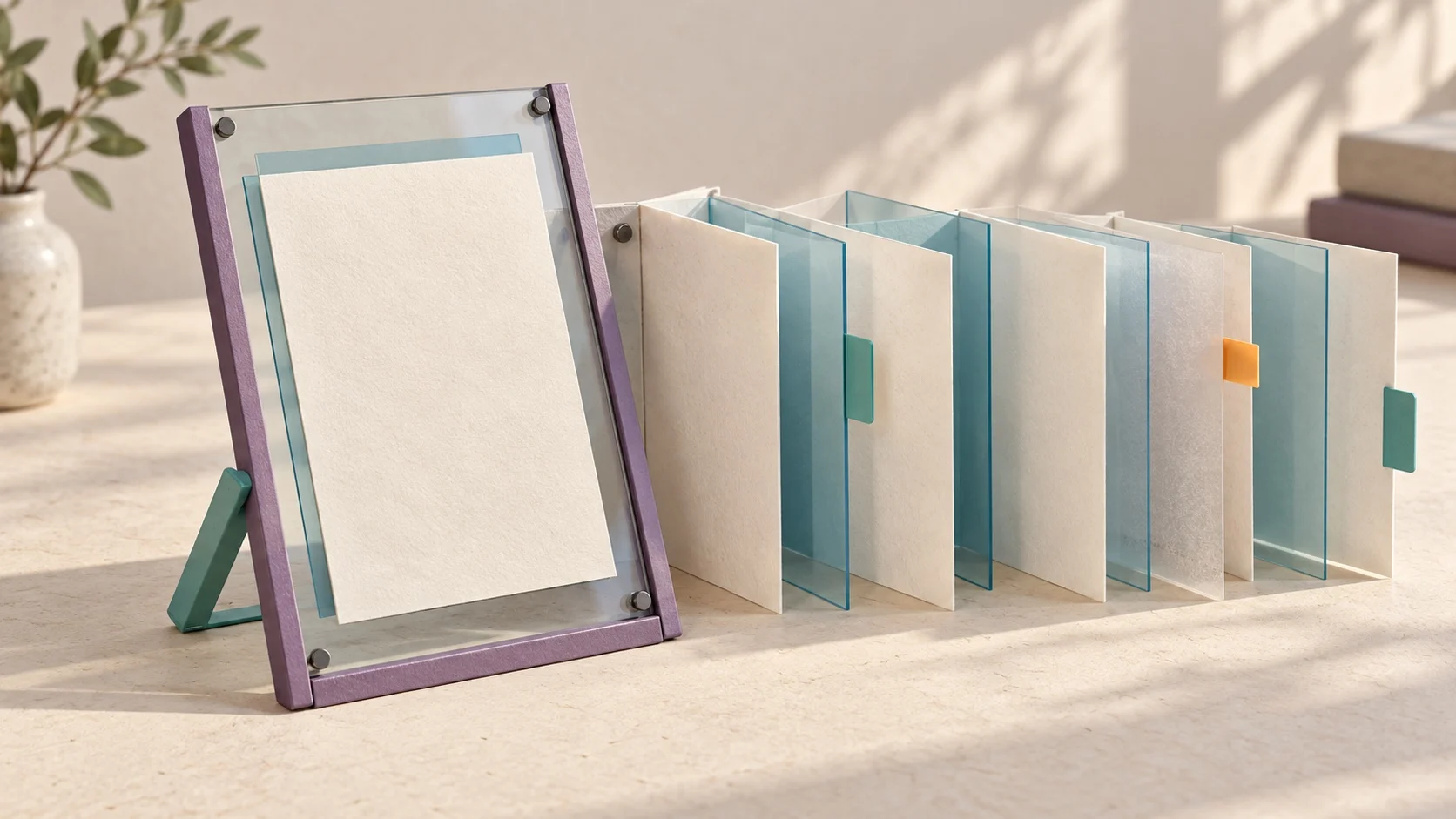 A purple-framed glass panel holds a simple ivory card beside an open concertina of paper and cyan evidence layers with teal tabs and an orange question marker.