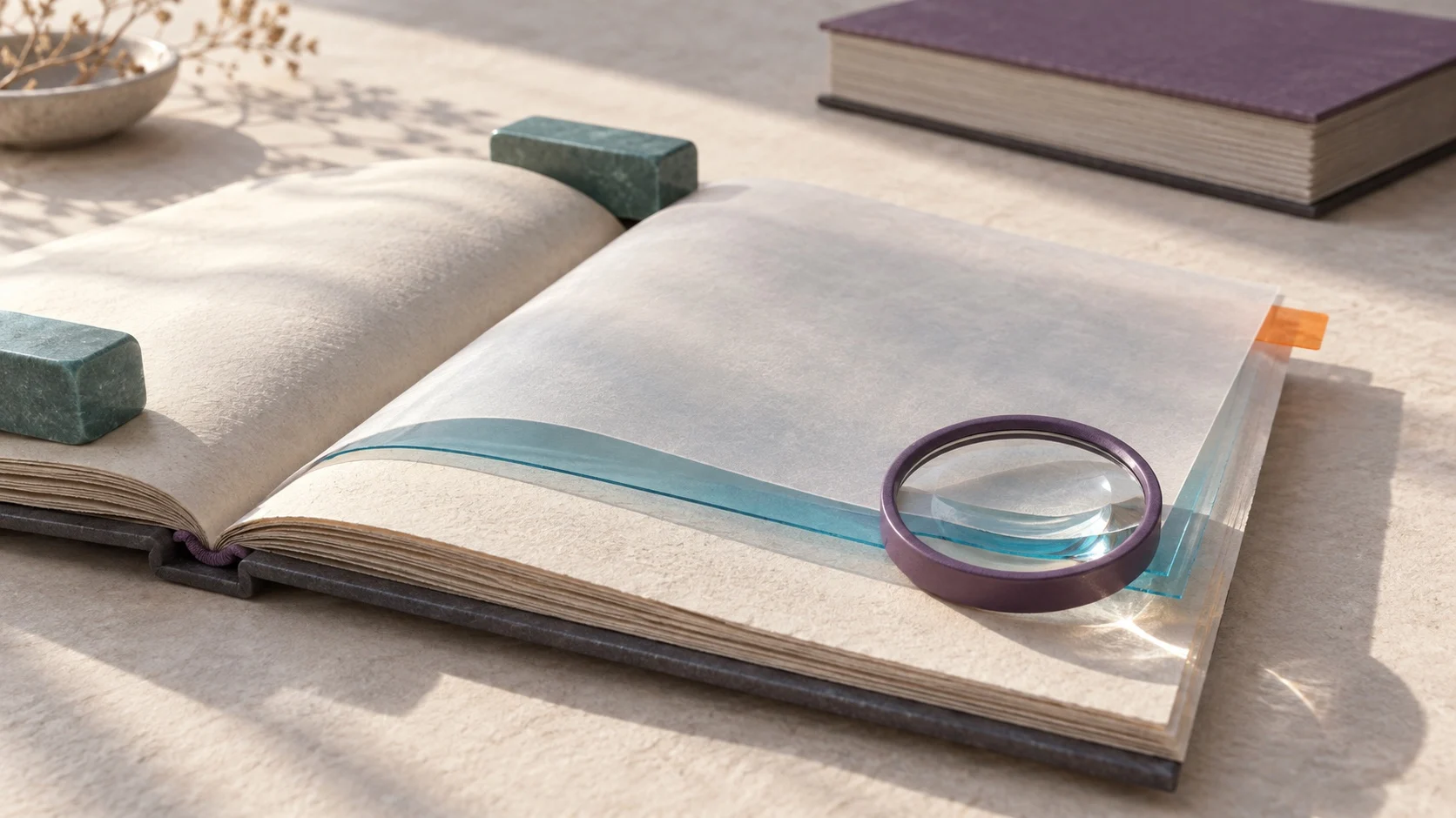 A purple-rimmed lens reveals separate paper, cyan and vellum layers in an open folio, held by teal weights with an orange question marker at the edge.