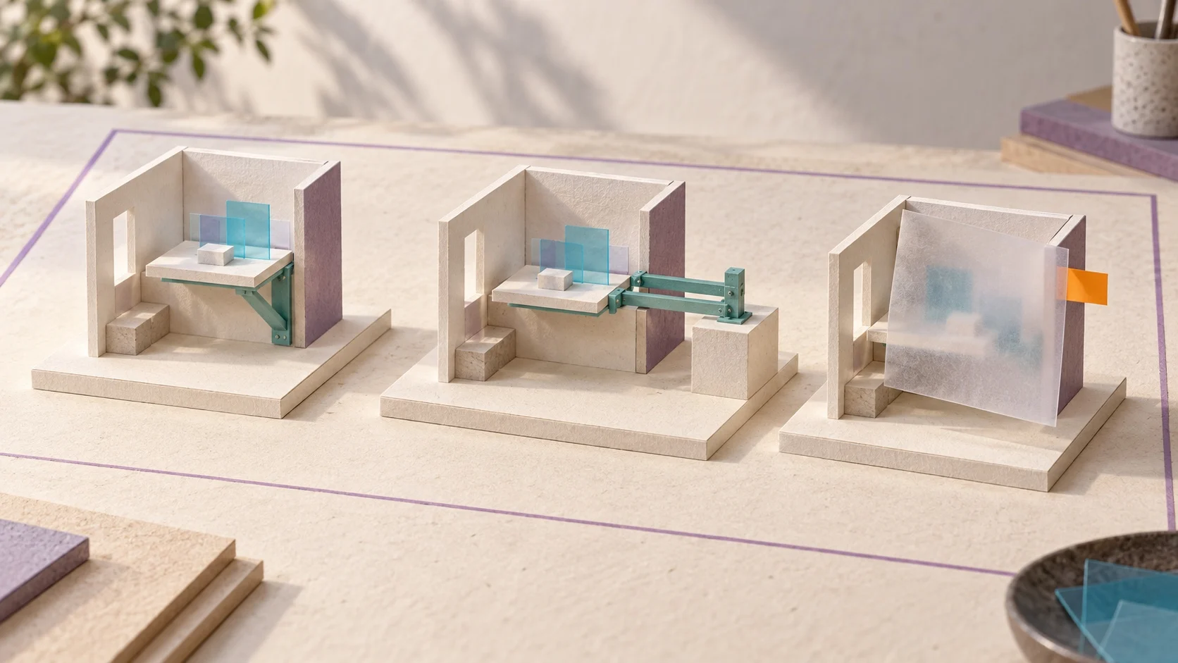 Three separate paper rooms: two show different teal support arrangements, while the third’s details sit behind translucent vellum with an orange question tab.