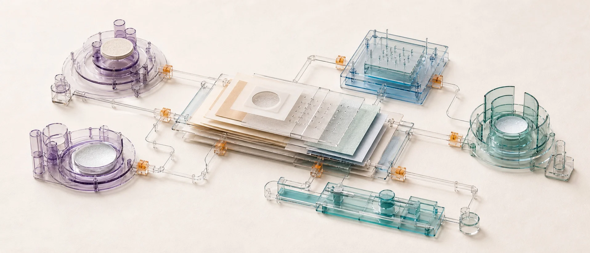 Five distinct translucent decision structures remain separate while routed lines connect them to one evolving layered project record.