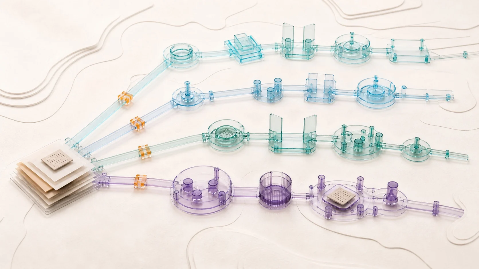 One layered project record opens into four translucent routes, with orange choice gates near the present and different support arrangements along each provisional path.