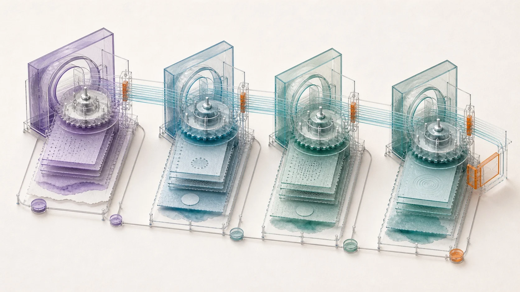 Four successive project assemblies retain their own layered records and operating frames while fine lineage lines connect them and an orange joint marks a changed final condition.