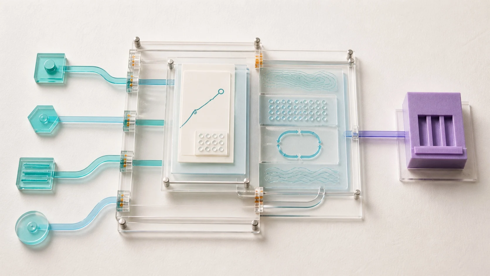 Four teal and cyan inputs expand a transparent frame around the shared project record, revealing additional burden and support layers before it reaches a separate purple decision aperture.