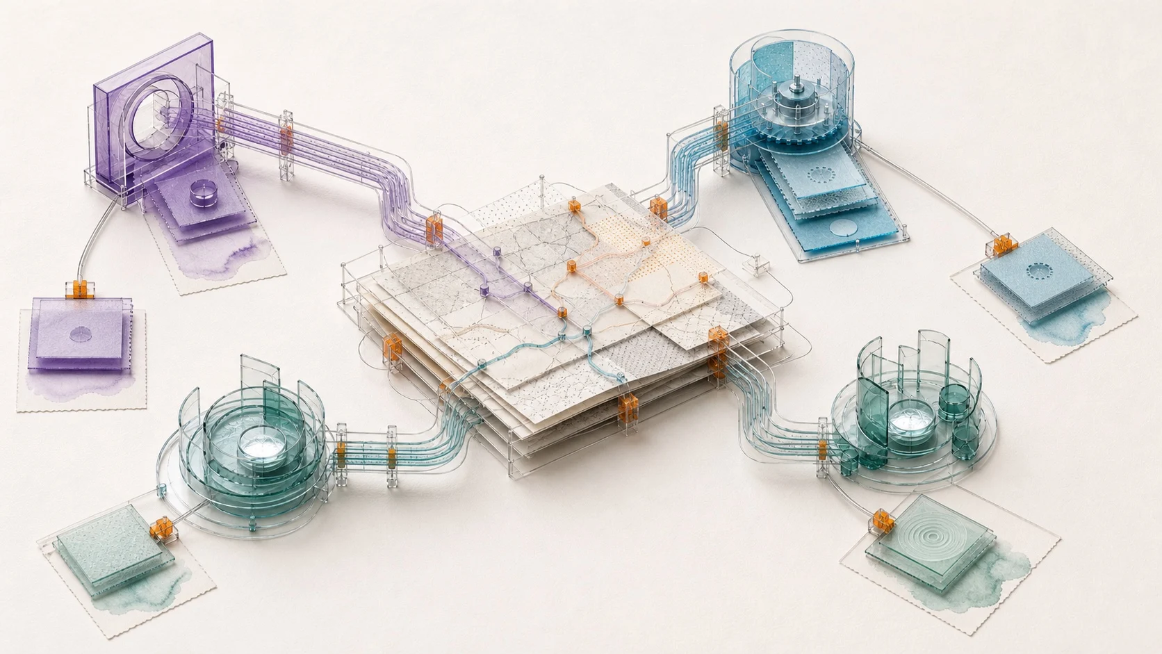 A central layered project map routes different evidence subsets to four independent decision instruments, each producing its own separate conditioned output.