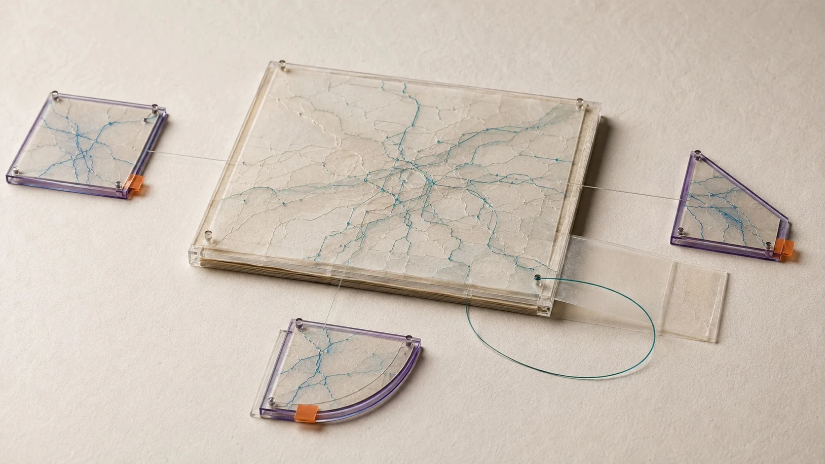 Three separate purple-framed records select different parts of one layered map, with orange condition tabs and a teal loop returning to the shared account.