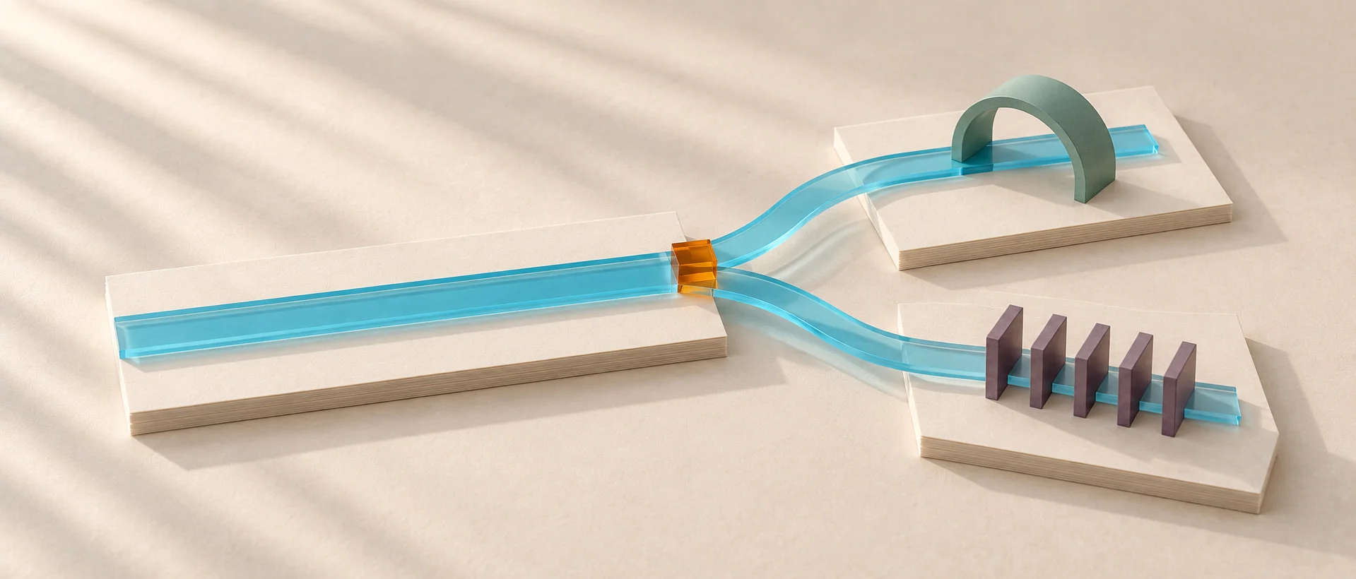 A cyan glass ribbon forks across paper platforms toward an open teal arch and a close-set row of purple fins.