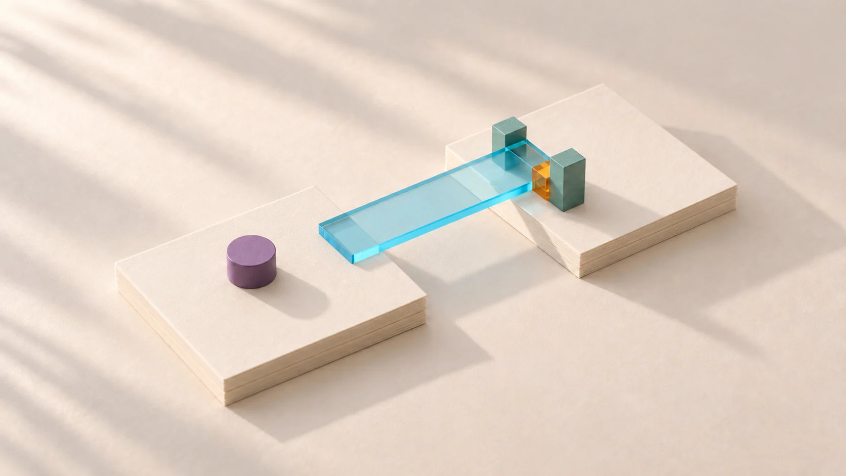 A cyan glass bridge joins two ivory paper platforms, with a purple cylinder on one side and teal supports on the other.