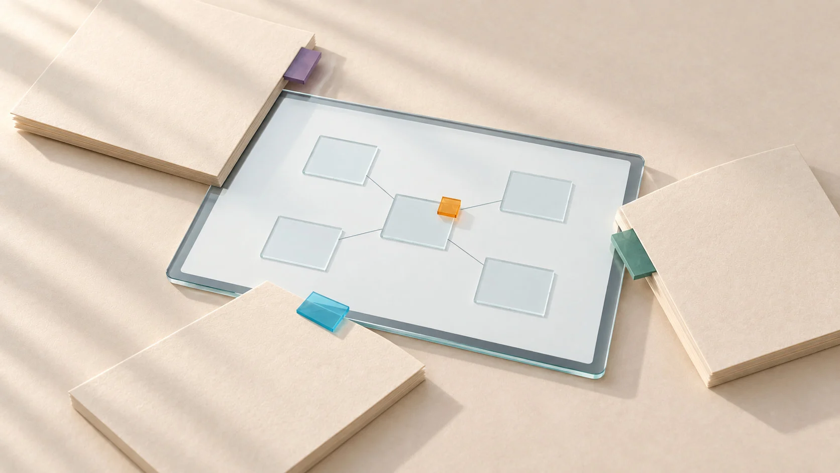 Three separately tabbed paper folios surround a flat glass tablet with connected blank tiles; an amber marker identifies one tile.