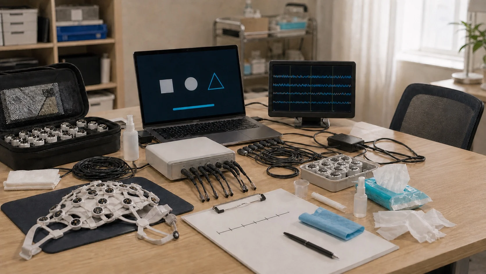 A people-free BCI testing station where a completed geometric task on screen sits amid an EEG cap, calibration hardware, cables, preparation materials, and support notes.