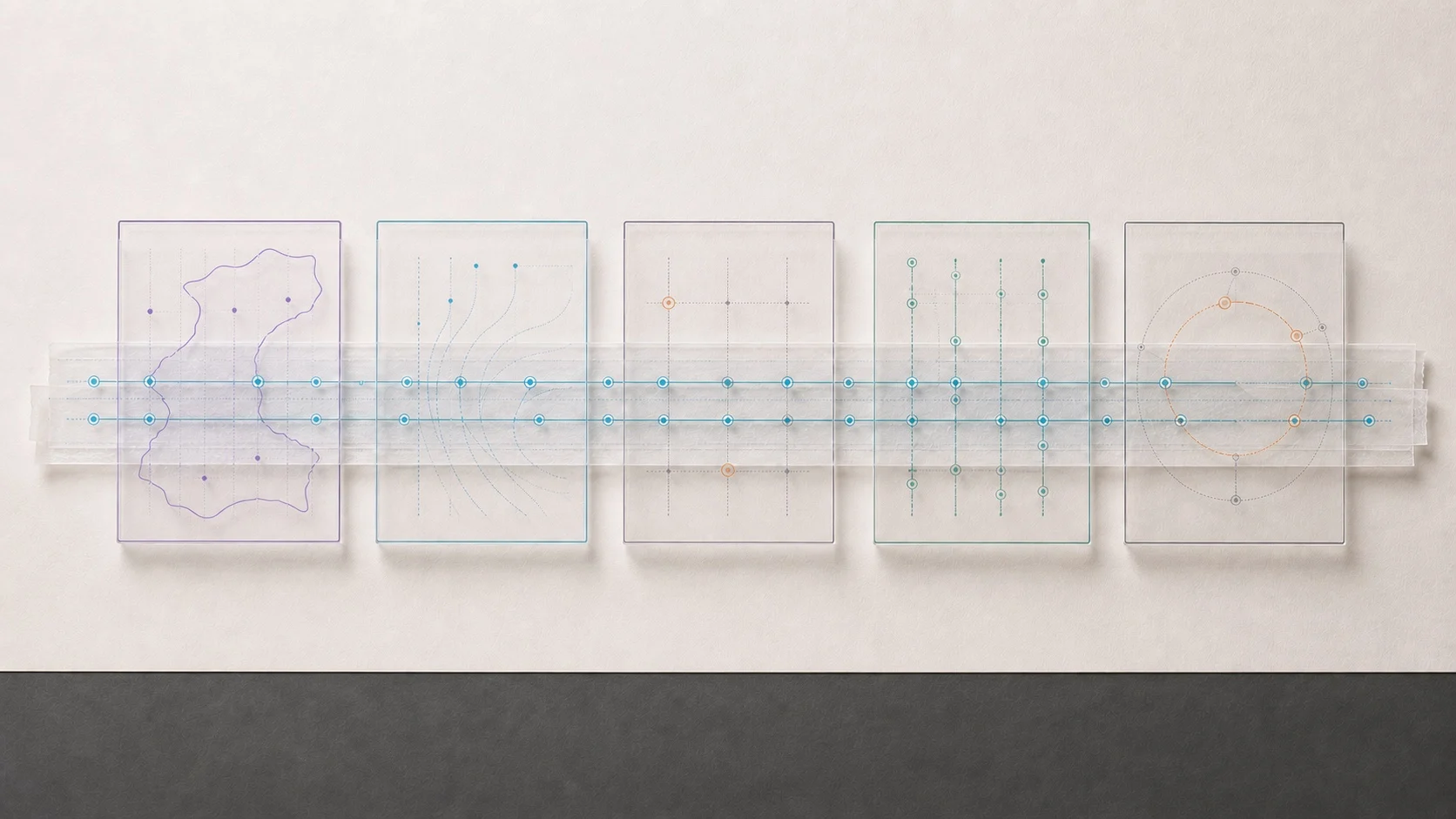 Five translucent panels show different diagrams laid over the same horizontal evidence lines, representing distinct role lenses applied to shared evidence.