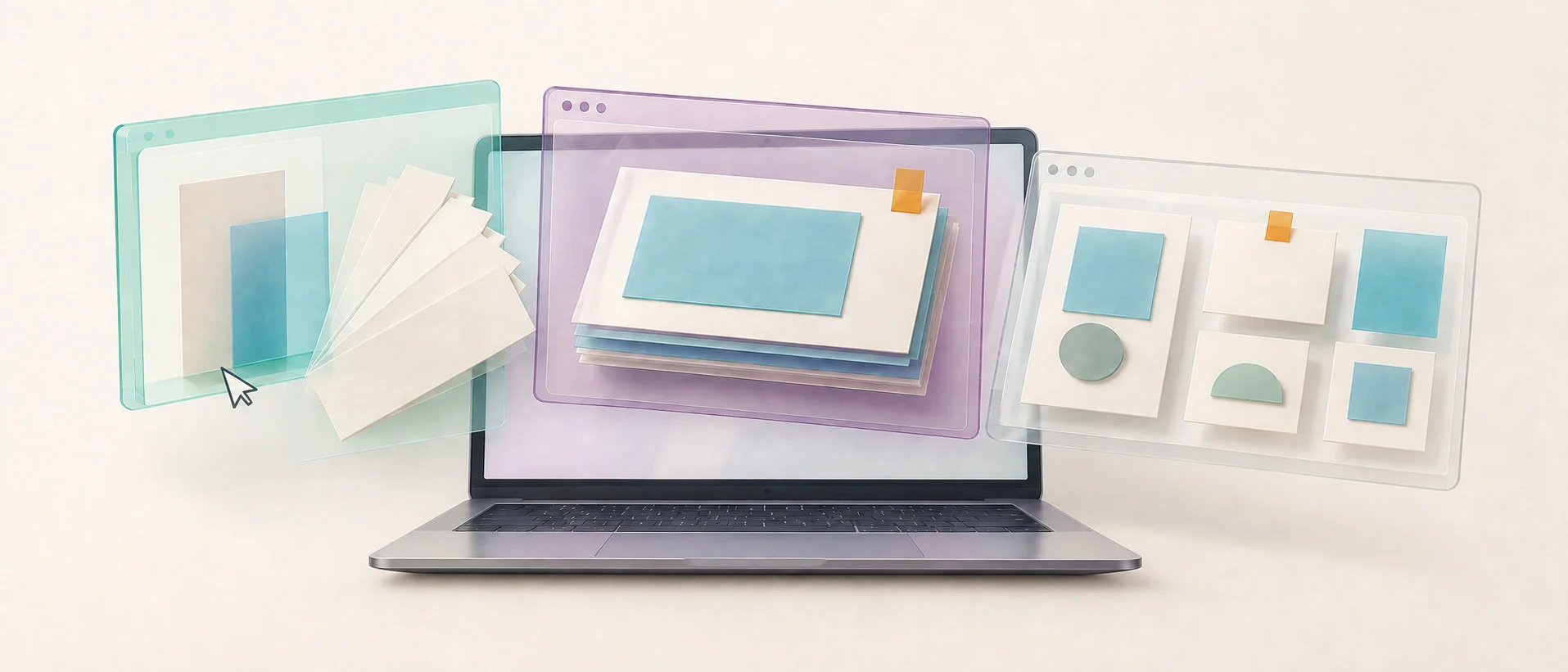 Three separate digital canvases above a slim laptop show alternatives, an evidence record and a collection of records, without merging them into one view.