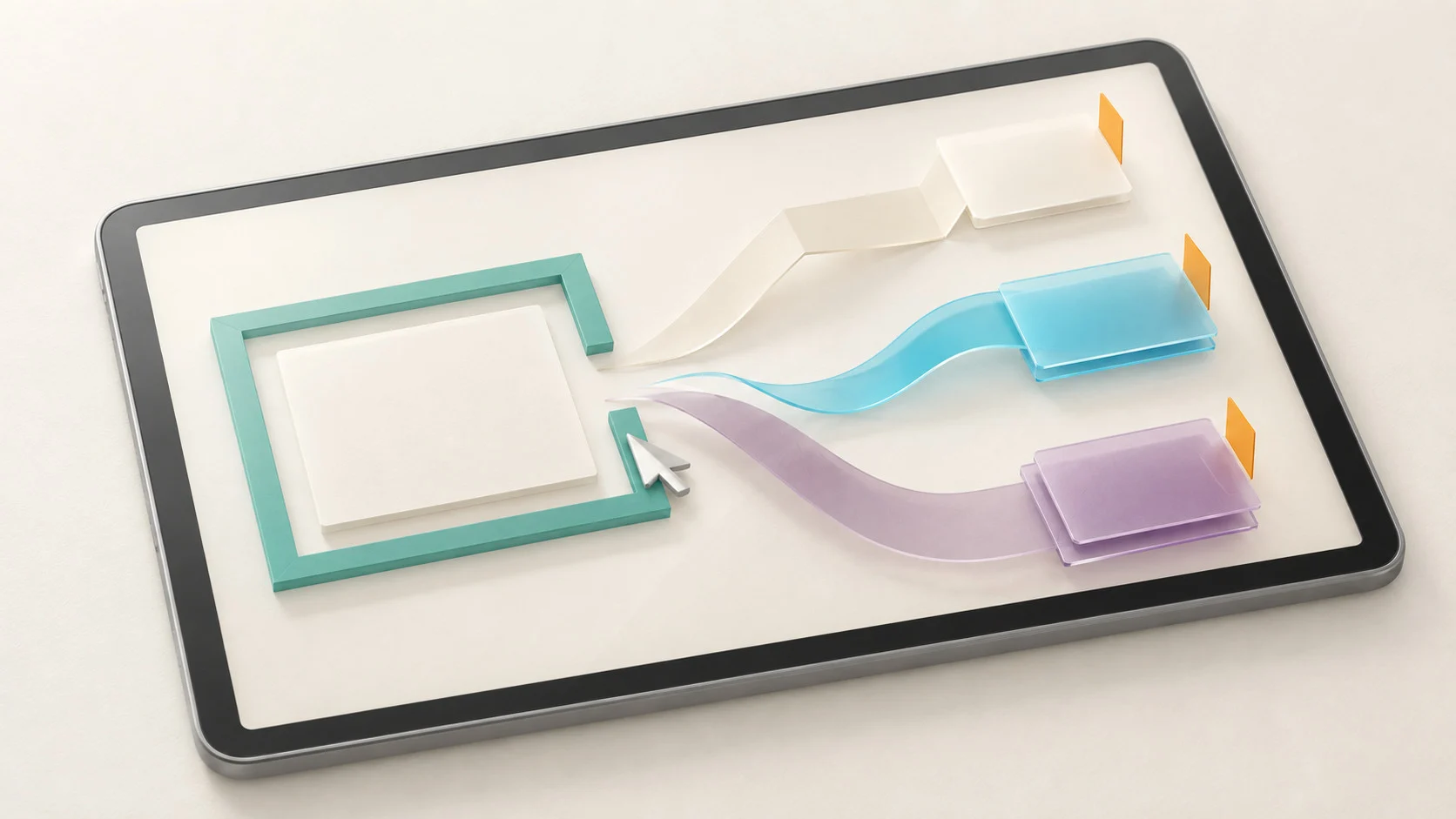An open teal frame on a tablet leads towards three separate alternative cards. A pointer rests beside the frame; no route is marked as the right choice.