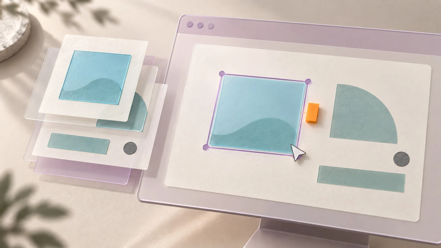 Layered source cards sit beside a separate editable digital record. A pointer, selection outline and small orange tab suggest inspecting and correcting the account against its sources.