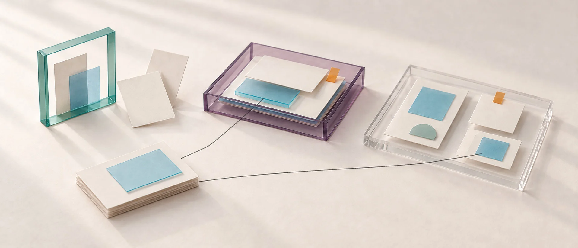 Separate teal and purple frames hold alternatives, evidence layers and a small collection of records. Fine connections link selected layers while the working areas remain distinct.