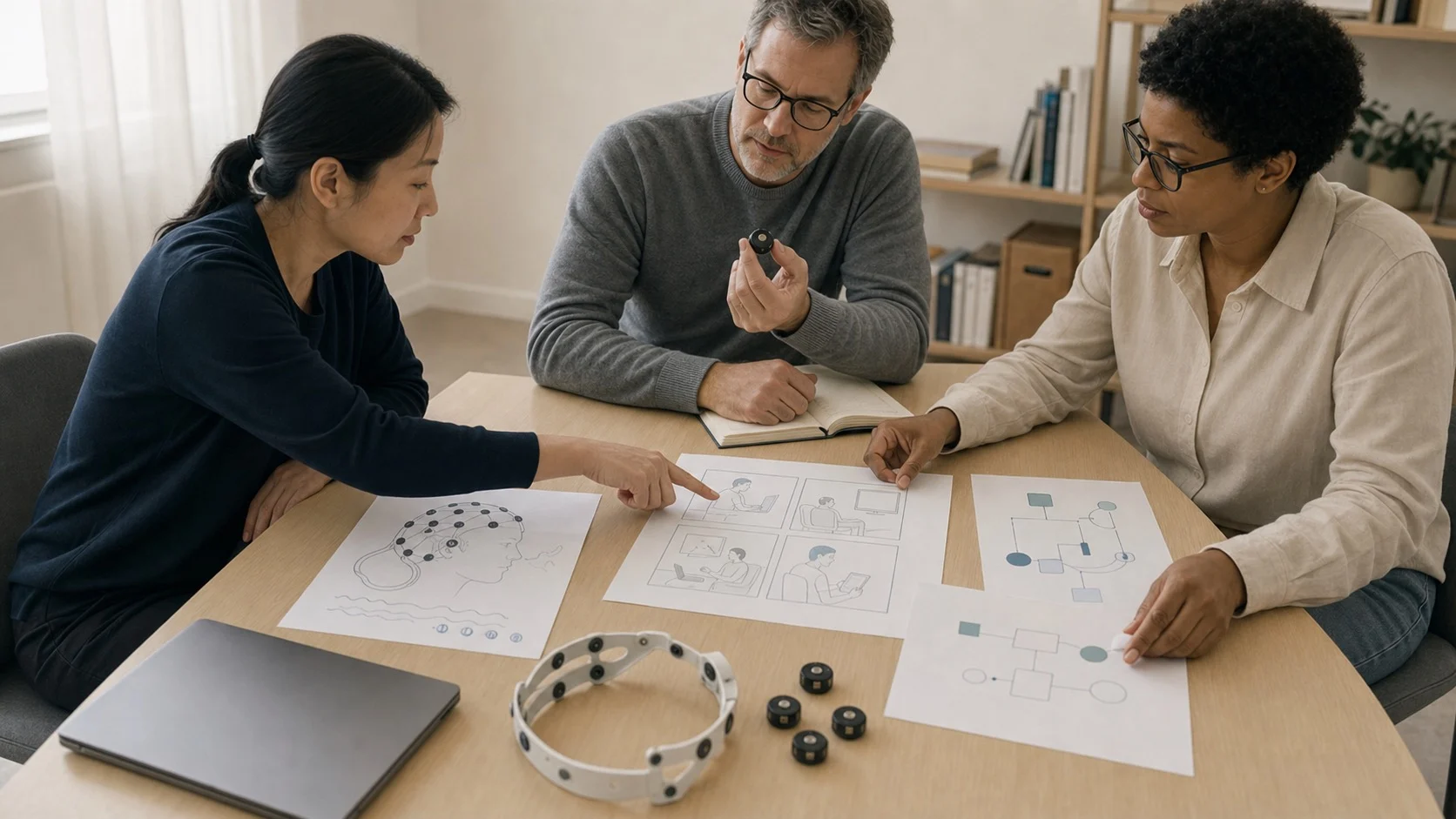 Three researchers review BCI sketches, a headset component, and a proposed-use diagram around a table.