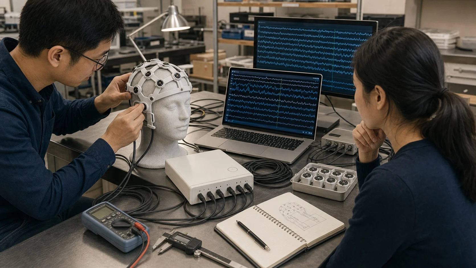 Two researchers adjust an EEG cap on a mannequin beside signal displays and calibration equipment.