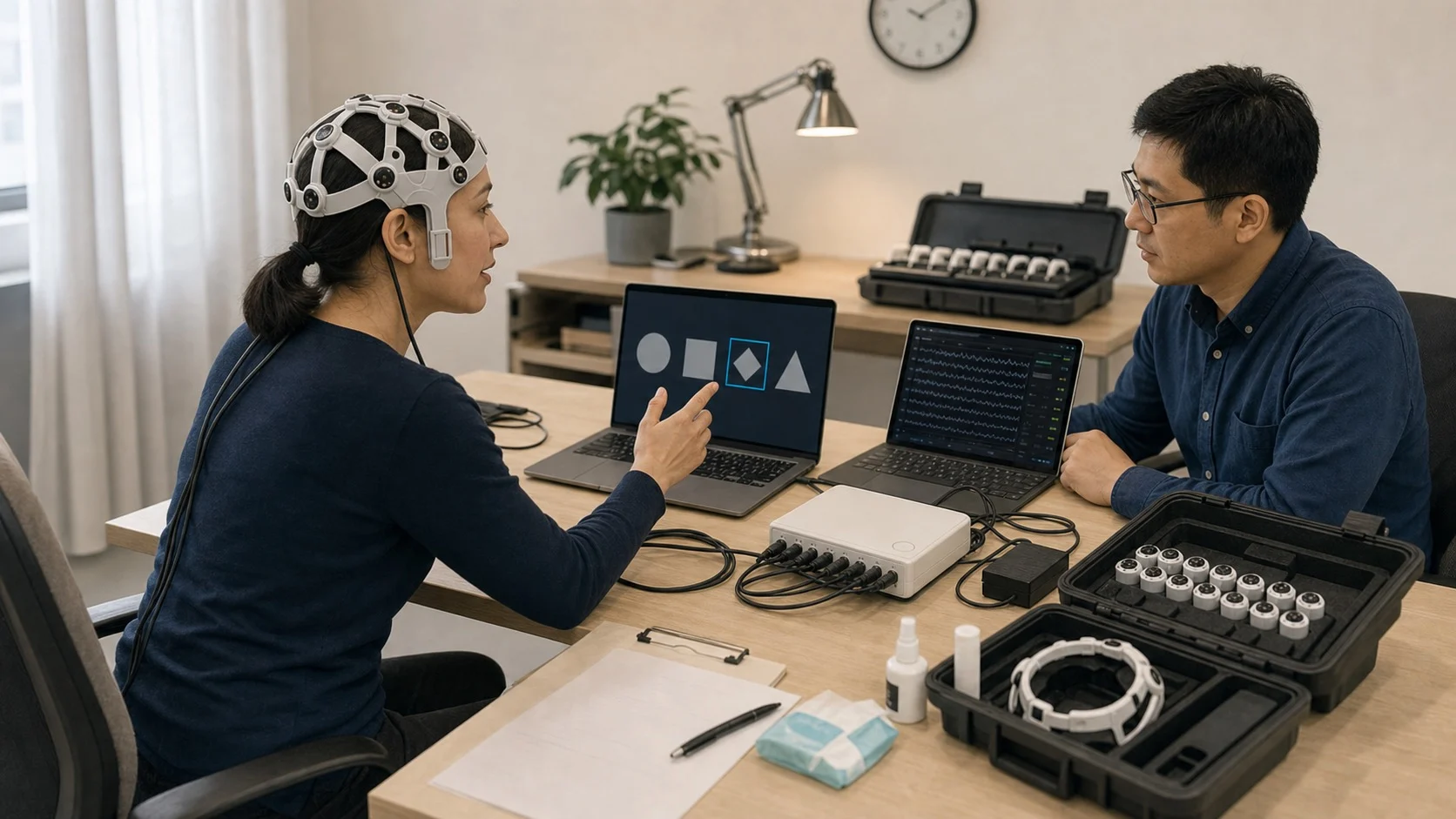 A participant wears an EEG cap during a supervised computer task while a researcher monitors the signals.