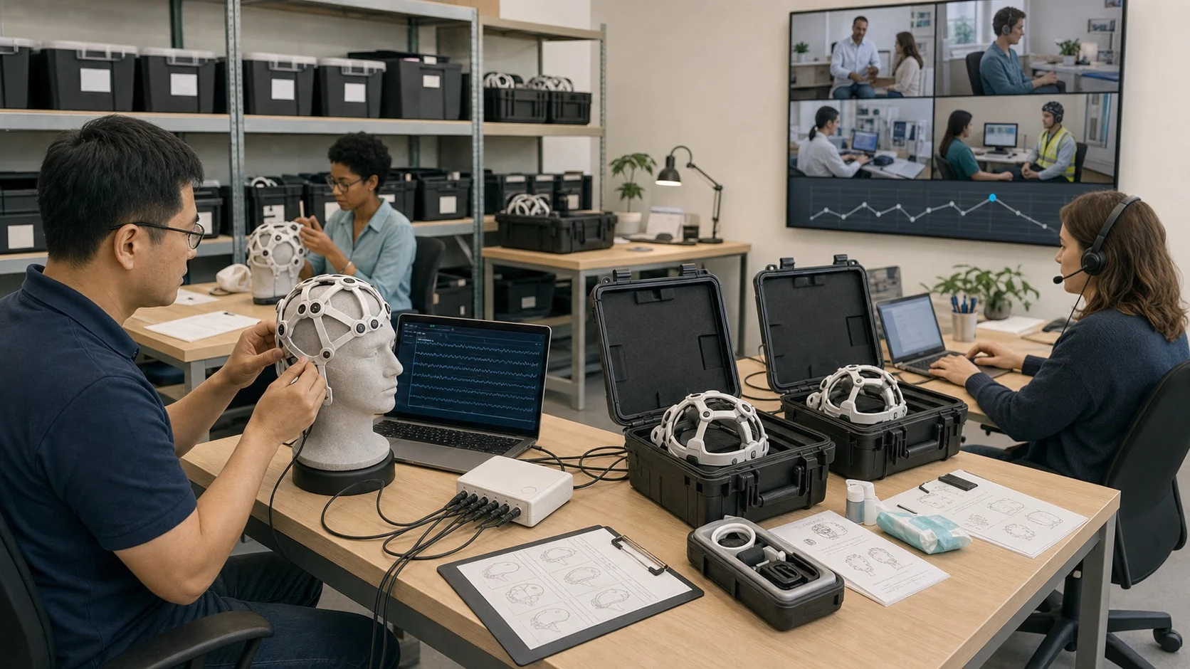 Staff prepare several EEG caps and transport cases while monitoring use across multiple sites.
