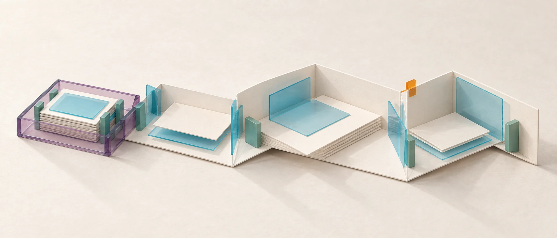 A compact stack in a purple frame unfolds into a wider arrangement of ivory paper, cyan panes and teal supports. An orange marker highlights a newly opened join: a change reaches beyond the component.
