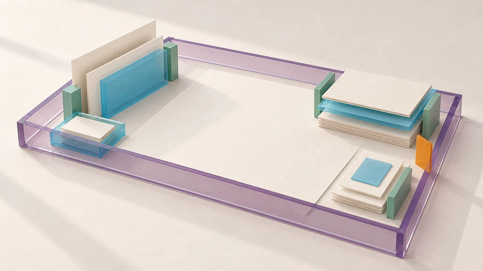 Ivory layers, cyan panes and teal supports sit around a generous clear area within a purple frame. An orange tab keeps an unresolved condition visible while the arrangement leaves room for use.