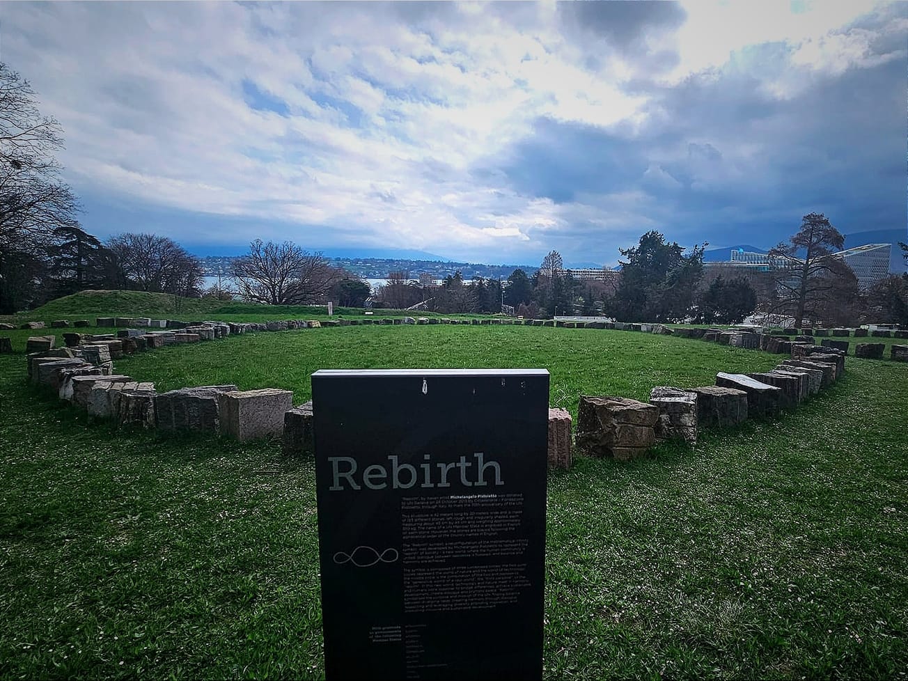 On the grounds of the Palais des Nations overlooking Geneva, Italian artist Michelangelo Pistoletto's installation of 193 different stones, each bearing the name of a U.N. member nation, is configured as an infinity sign symbolizing a renewed and unified society.